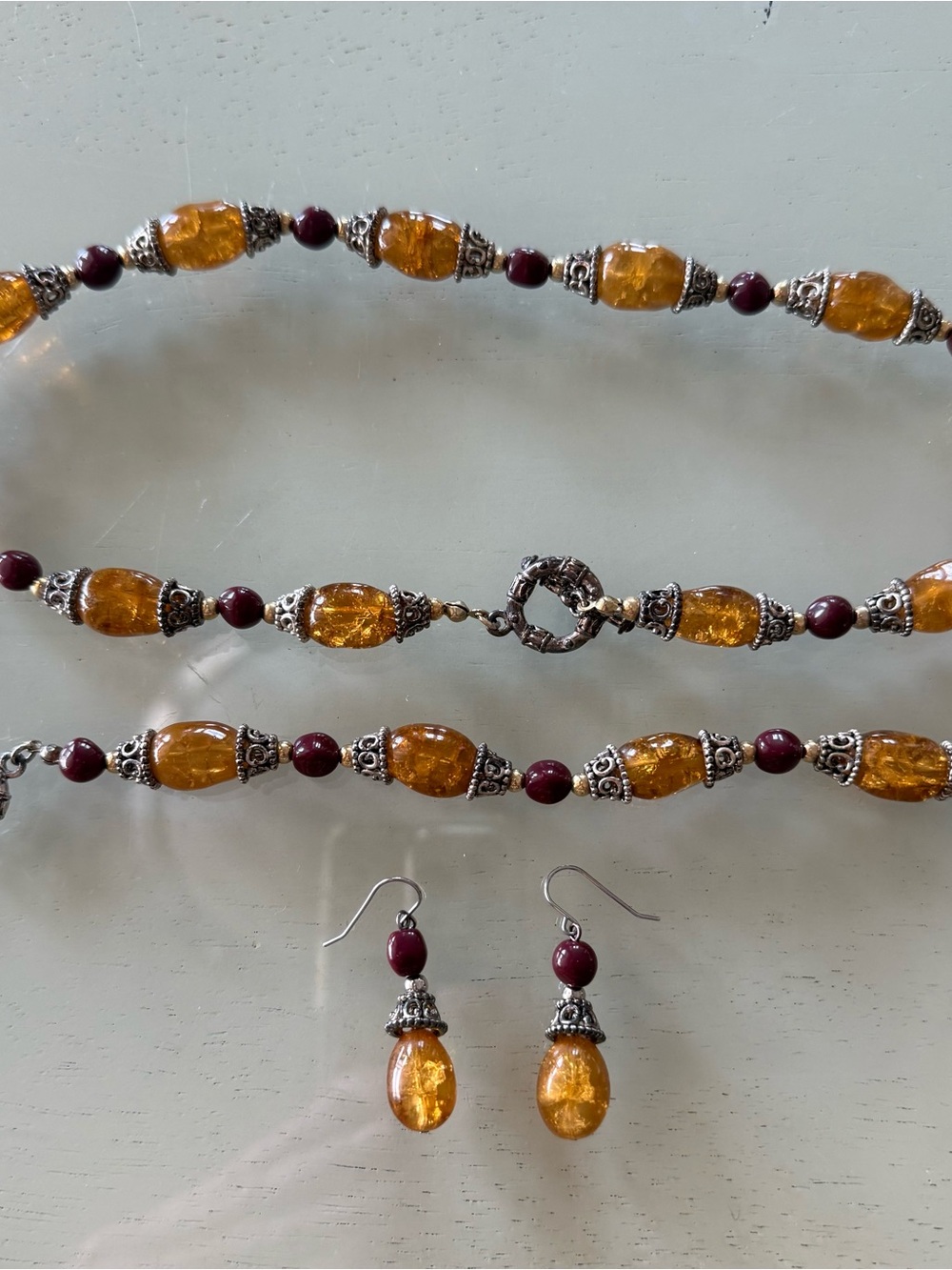 Handcrafted Amber and Garnet Bead Necklace & Earring Set